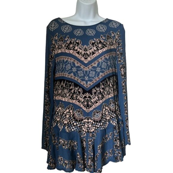 Free People Changing Times Loose Boho Tunic Open Back  Blue Spring Top Blouse S - Picture 2 of 9
